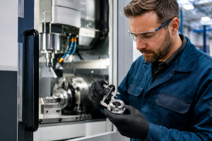 Engineer inspecting a CNC machine producing precision metal components while checking tooling for machining accuracy.